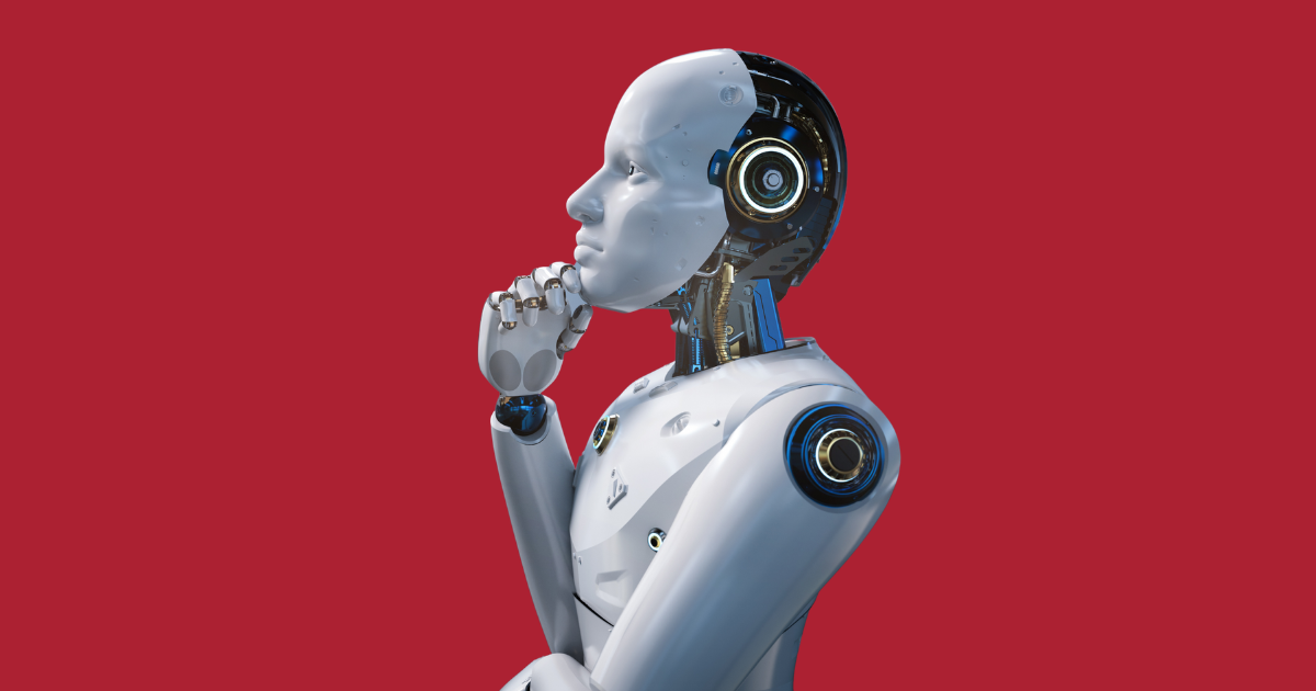AI robot thinking against a red background for an article on AI quotes
